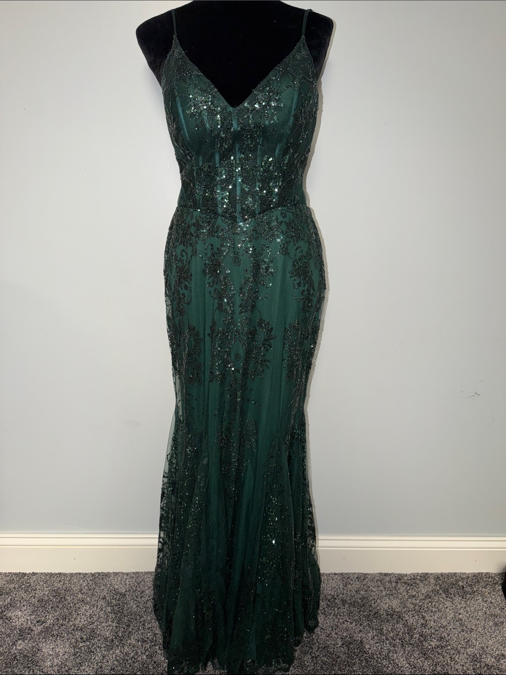 Forest Green Beaded Spaghetti-Strap Prom Gown